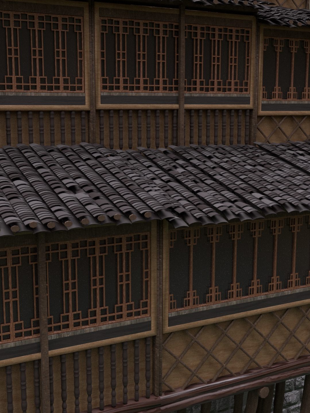 Close-up of lattice windows, railings, and roof tiles