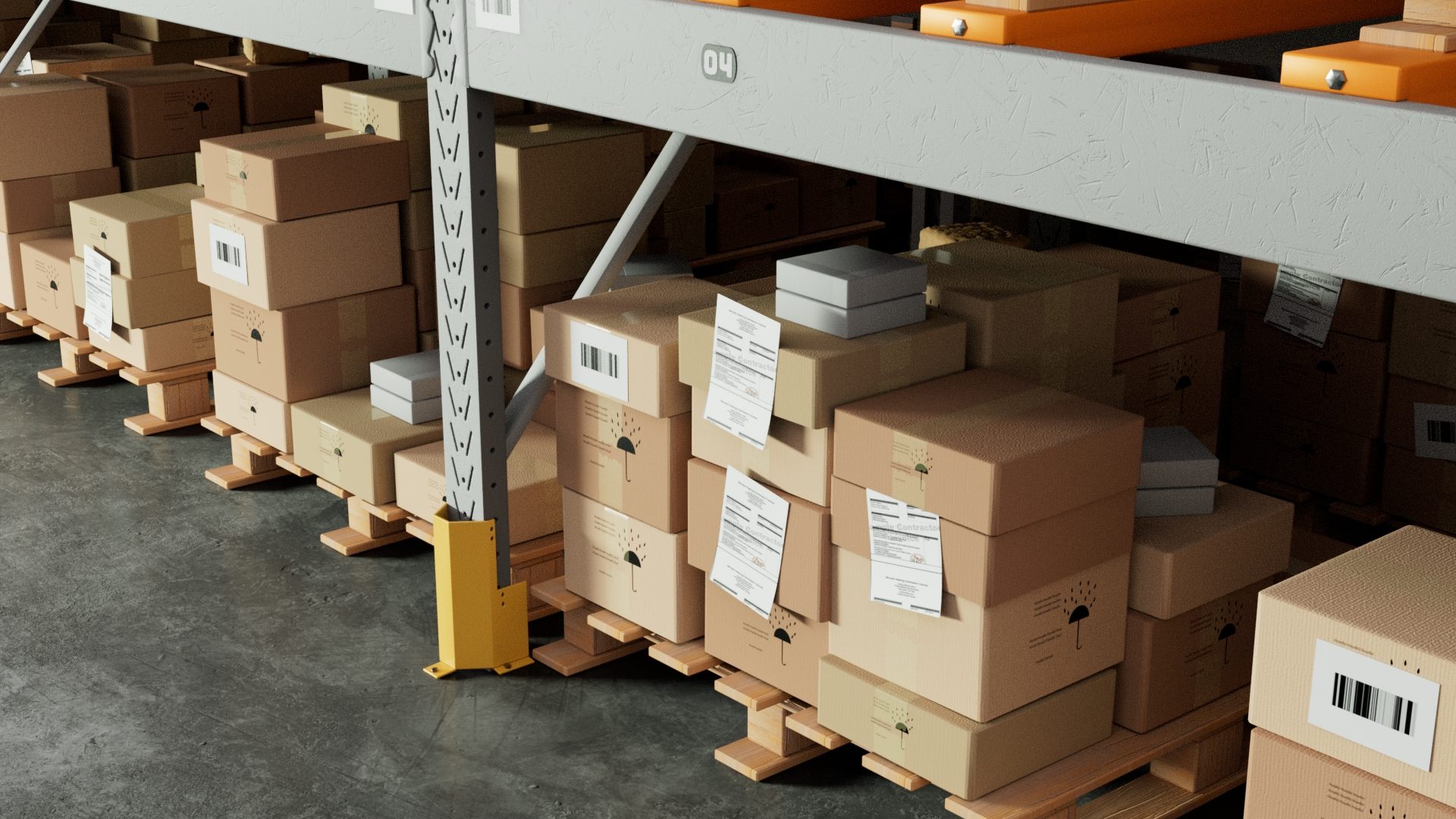 Close-up of loose box stacks with labels, receipts, and a numbered shelf beam