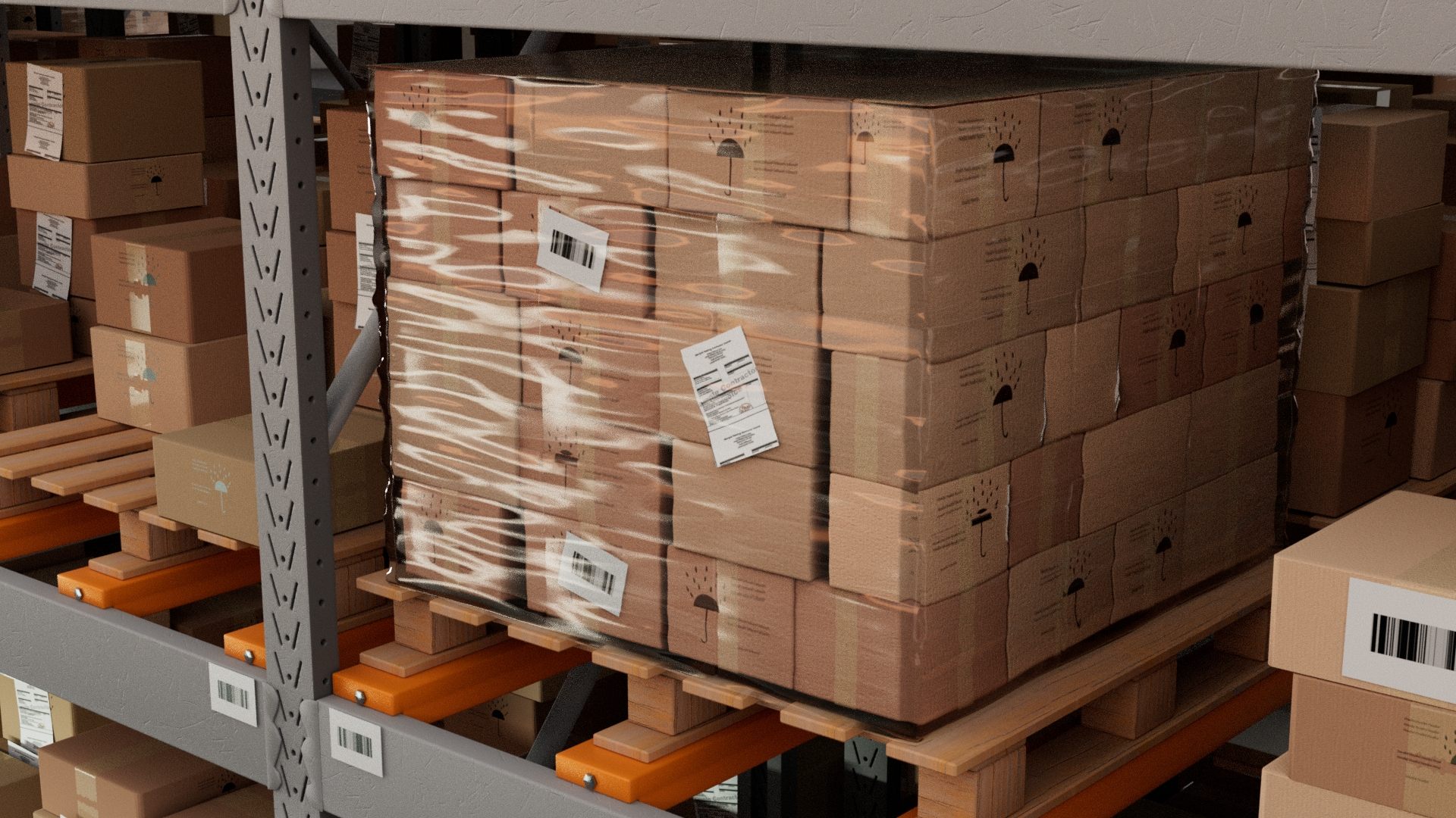 Plastic-wrapped full box stack on a pallet